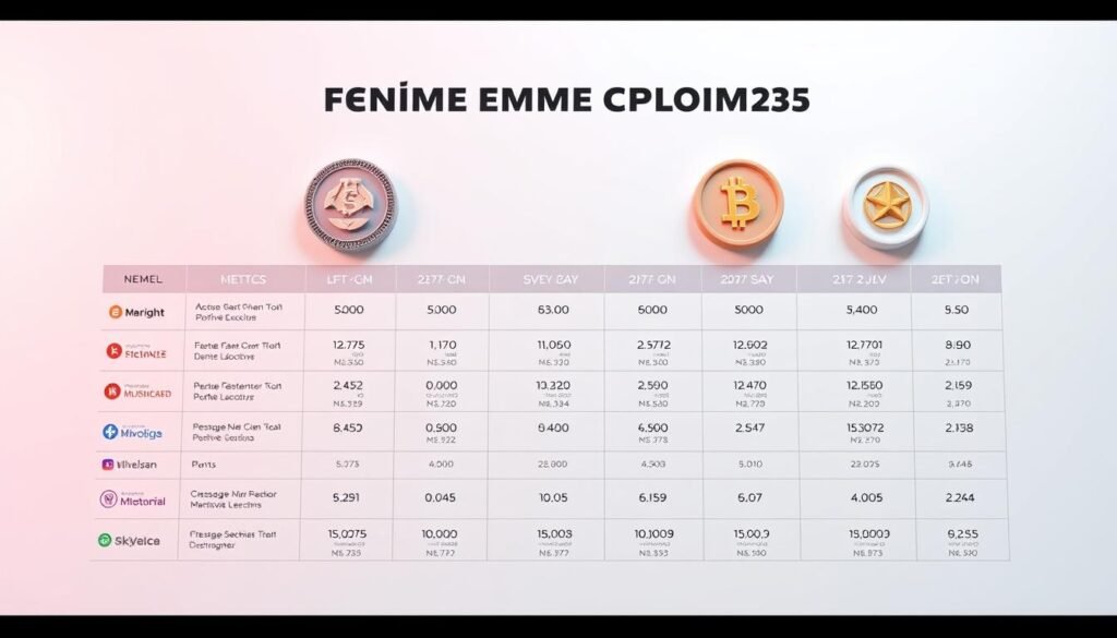 A detailed comparison chart presented in a visually compelling way, showcasing the top meme coins of 2025. The chart is set against a clean, minimalist background, with a sleek and modern aesthetic. The coins are represented by crisp, high-quality 3D renderings, with their logos, names, and key metrics displayed in a clear, legible format. The chart is arranged in a grid-like layout, allowing for easy comparison between the different meme coins. Soft, diffused lighting illuminates the scene, creating a sense of depth and dimensionality. The overall tone is professional, informative, and designed to pique the reader's interest in the subject matter. A detailed comparison chart presented in a visually compelling way, showcasing the top meme coins of 2025. The chart is set against a clean, minimalist background, with a sleek and modern aesthetic. The coins are represented by crisp, high-quality 3D renderings, with their logos, names, and key metrics displayed in a clear, legible format. The chart is arranged in a grid-like layout, allowing for easy comparison between the different meme coins. Soft, diffused lighting illuminates the scene, creating a sense of depth and dimensionality. The overall tone is professional, informative, and designed to pique the reader's interest in the subject matter.