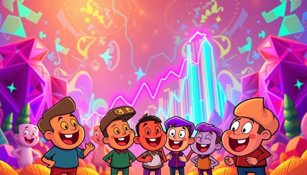 A vibrant, digital landscape showcasing various meme cryptocurrency strategies. In the foreground, a group of cheerful, colorful cartoon characters enthusiastically discuss their investment plans, their expressions brimming with excitement. In the middle ground, a towering, neon-lit cryptocurrency chart dominates the scene, its curves and peaks reflecting the volatility of the market. The background is a kaleidoscope of abstract, geometric shapes and patterns, evoking the technological and mathematical underpinnings of the cryptocurrency world. Lighting is warm and vibrant, with a soft, dreamlike quality, creating a sense of energy and optimism. The overall tone is playful, accessible, and engaging, inviting the viewer to explore the intricacies of meme coin investment strategies. A vibrant, digital landscape showcasing various meme cryptocurrency strategies. In the foreground, a group of cheerful, colorful cartoon characters enthusiastically discuss their investment plans, their expressions brimming with excitement. In the middle ground, a towering, neon-lit cryptocurrency chart dominates the scene, its curves and peaks reflecting the volatility of the market. The background is a kaleidoscope of abstract, geometric shapes and patterns, evoking the technological and mathematical underpinnings of the cryptocurrency world. Lighting is warm and vibrant, with a soft, dreamlike quality, creating a sense of energy and optimism. The overall tone is playful, accessible, and engaging, inviting the viewer to explore the intricacies of meme coin investment strategies.